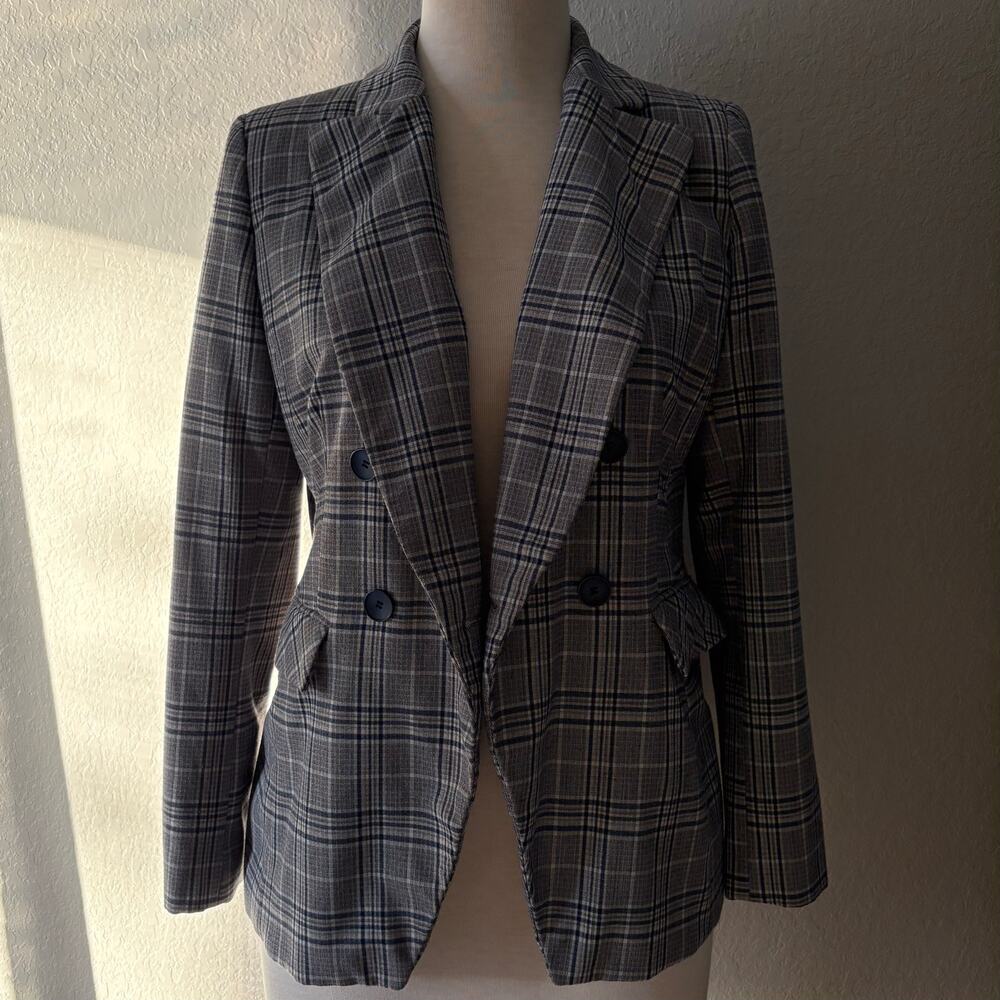 PRESTON & YORK Double Breasted Blazer Blue Plaid Sz 8 Office Wear Business